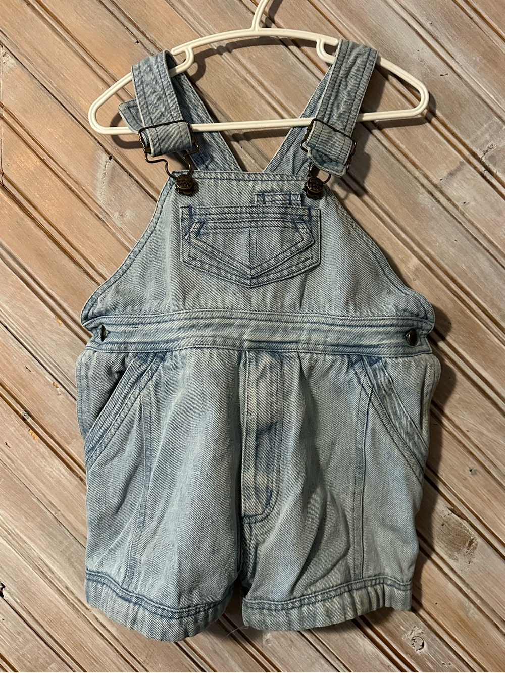 Retro Baseball Embroidered Kids Light Wash Denim Short Overalls Vintage